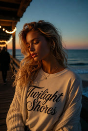 Woman wearing a 'Twilight Shores' shirt by the ocean at sunset