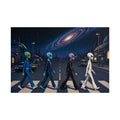 Four alien figures crossing a street with a space-themed background