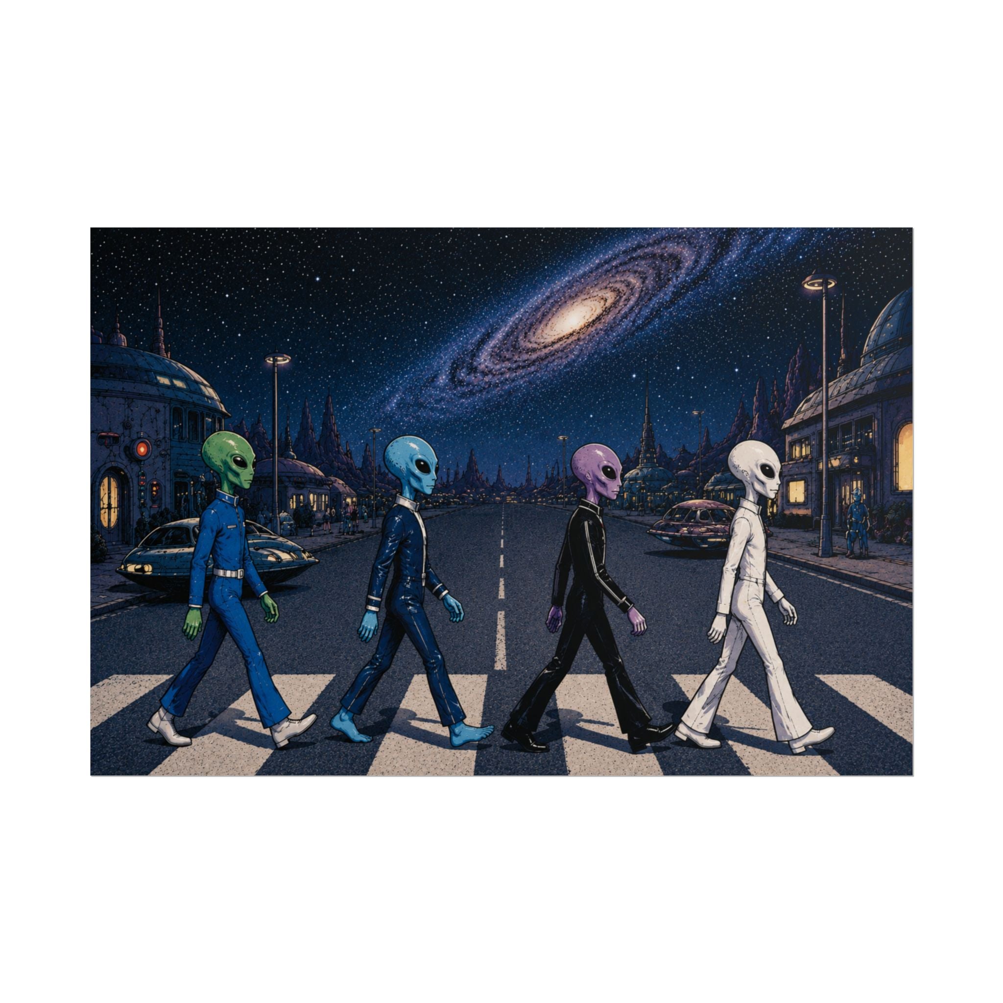 Four alien figures crossing a street with a space-themed background