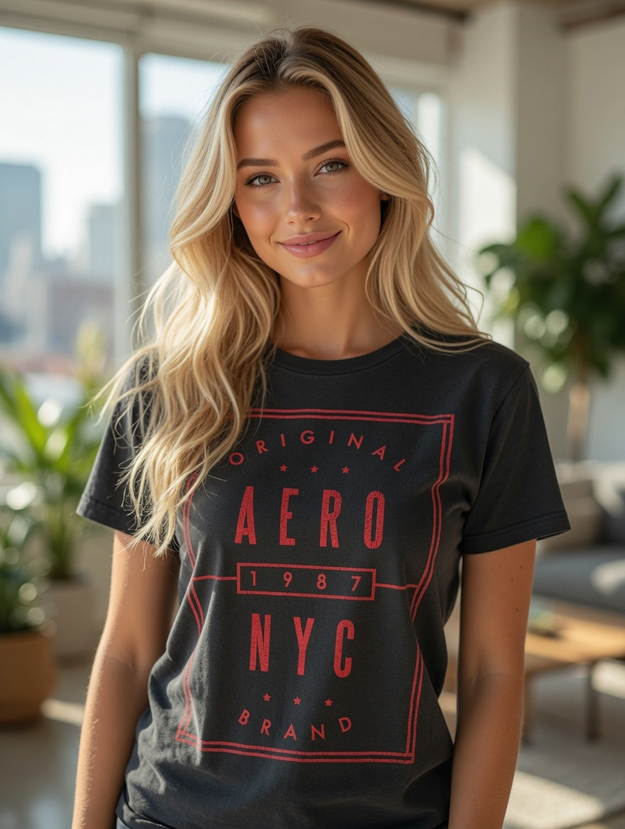 Vintage Aeropostale AERO NYC 1987 Black Graphic T-Shirt – Red Logo Tee