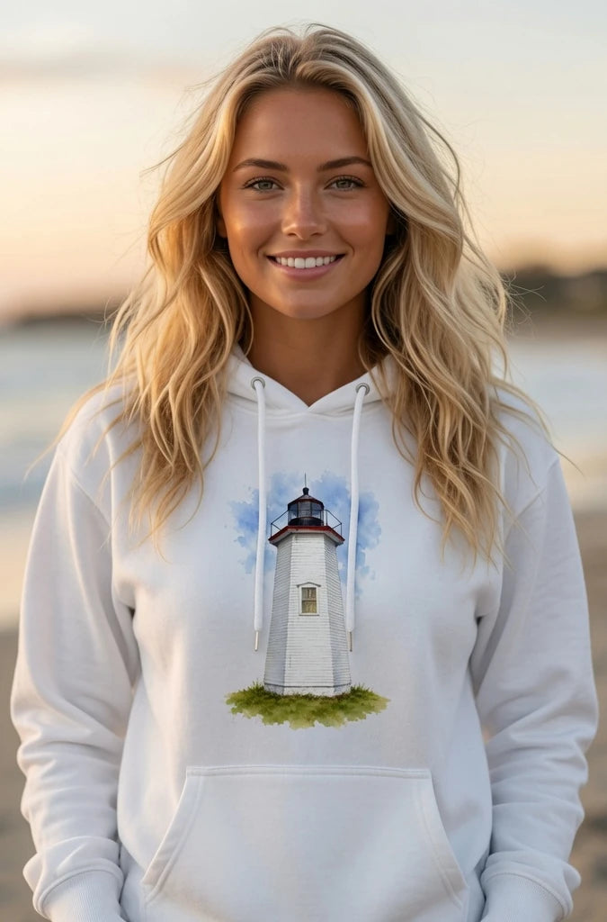 Woman wearing a white Cape Cod Lighthouses – Wings Neck Watercolor Coastal Hoodie with a lighthouse design on a beach.