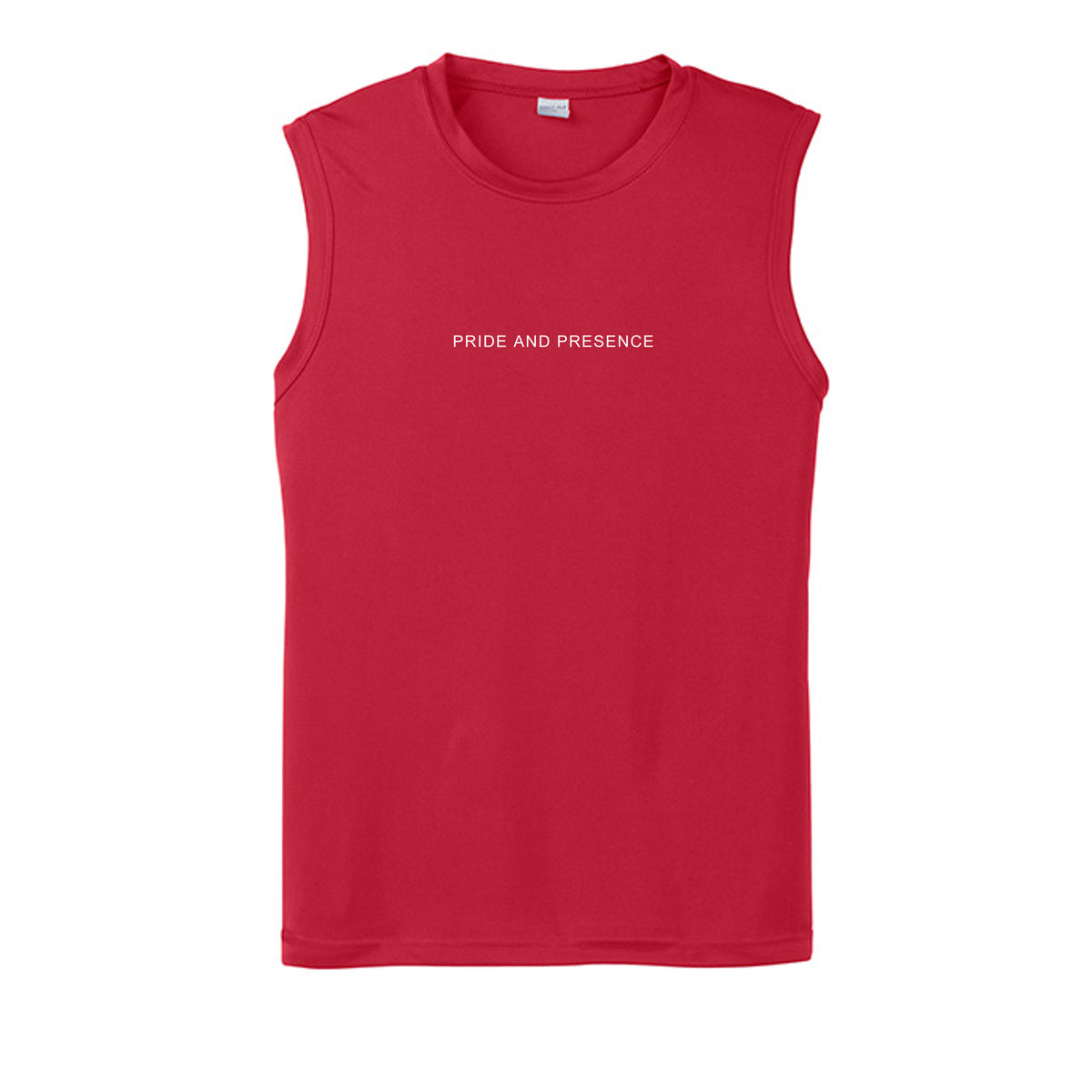 Black sleeveless t-shirt with minimalist white Pride and Presence text centered on the chest. - True Red