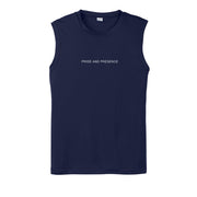 Black sleeveless t-shirt with minimalist white Pride and Presence text centered on the chest. - True Navy