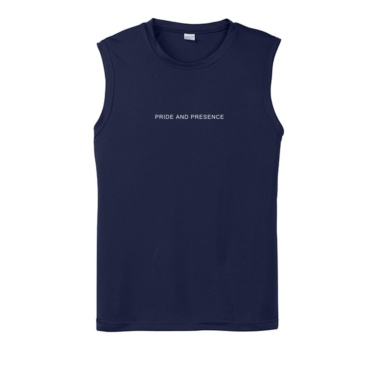 Black sleeveless t-shirt with minimalist white Pride and Presence text centered on the chest. - True Navy