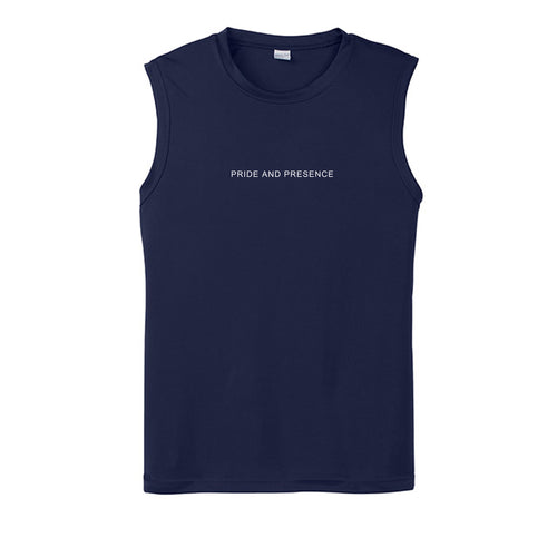 Black sleeveless t-shirt with minimalist white Pride and Presence text centered on the chest. - True Navy