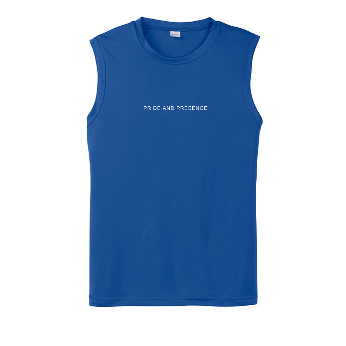 Black sleeveless t-shirt with minimalist white Pride and Presence text centered on the chest. - True Royal