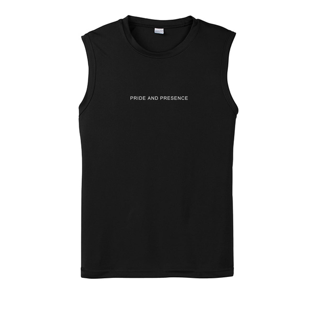 Black sleeveless t-shirt with minimalist white Pride and Presence text centered on the chest. - Black