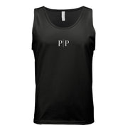 Pride and Presence minimalist P|P logo tank top design featuring white serif letters separated by a vertical line on a black background.
