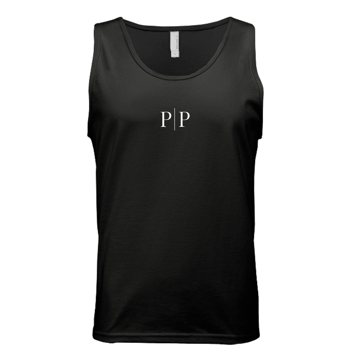 Pride and Presence minimalist P|P logo tank top design featuring white serif letters separated by a vertical line on a black background.