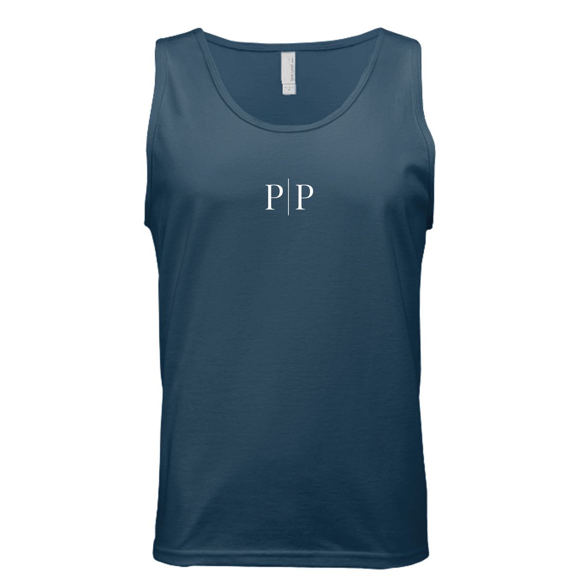 Pride and Presence minimalist P|P logo tank top design featuring white serif letters separated by a vertical line on a midnight navy background.