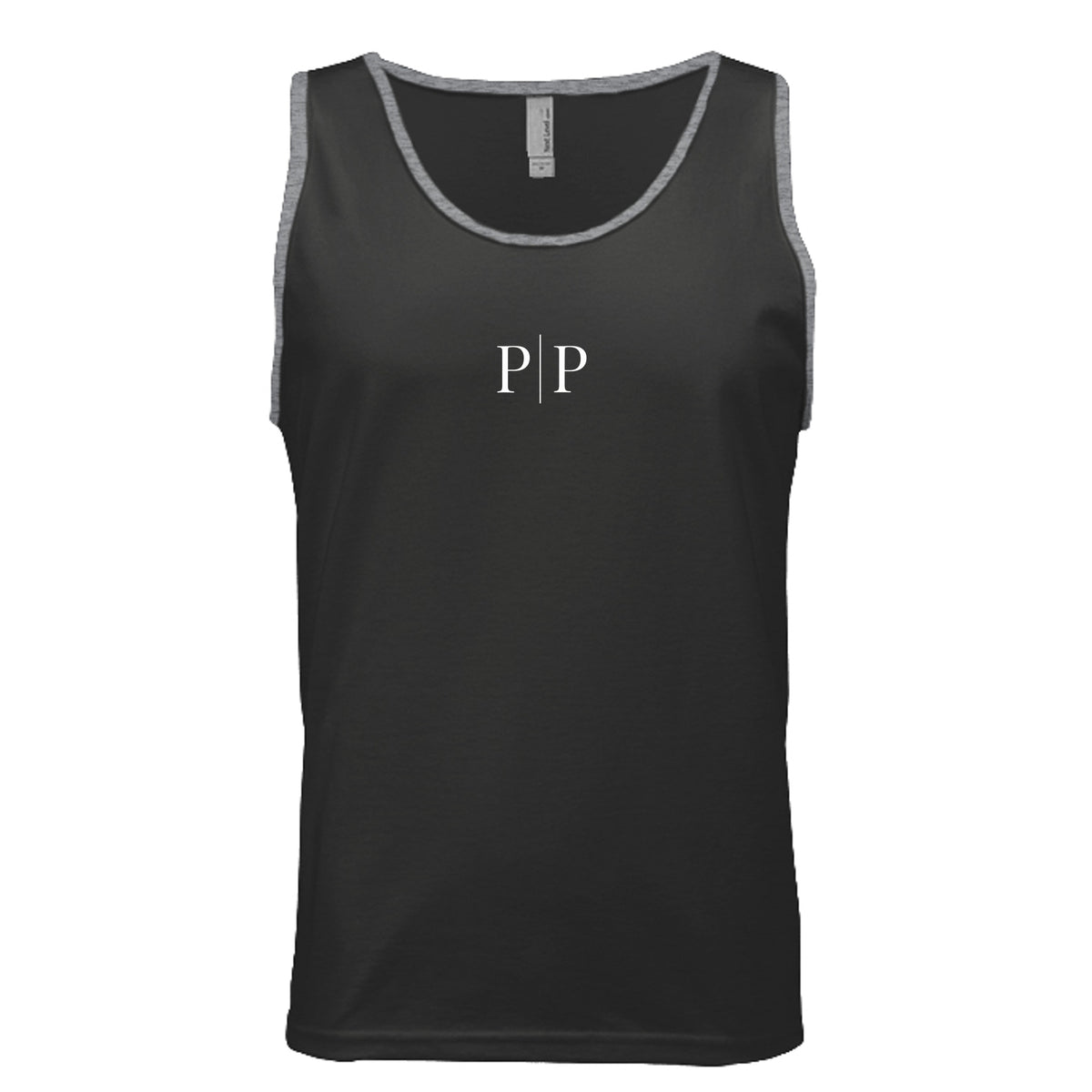 Pride and Presence minimalist P|P logo tank top design featuring white serif letters separated by a vertical line on a black background. Black/ Heather Grey