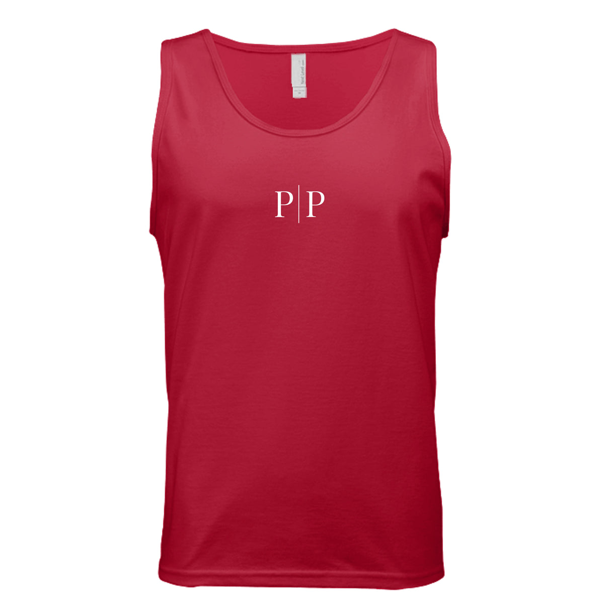 Pride and Presence minimalist P|P logo tank top design featuring white serif letters separated by a vertical line on a red background.