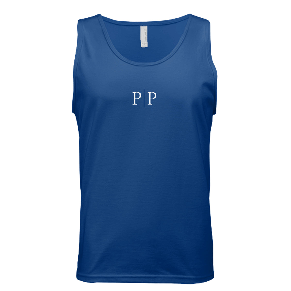 Pride and Presence minimalist P|P logo tank top design featuring white serif letters separated by a vertical line on a royal blue background.