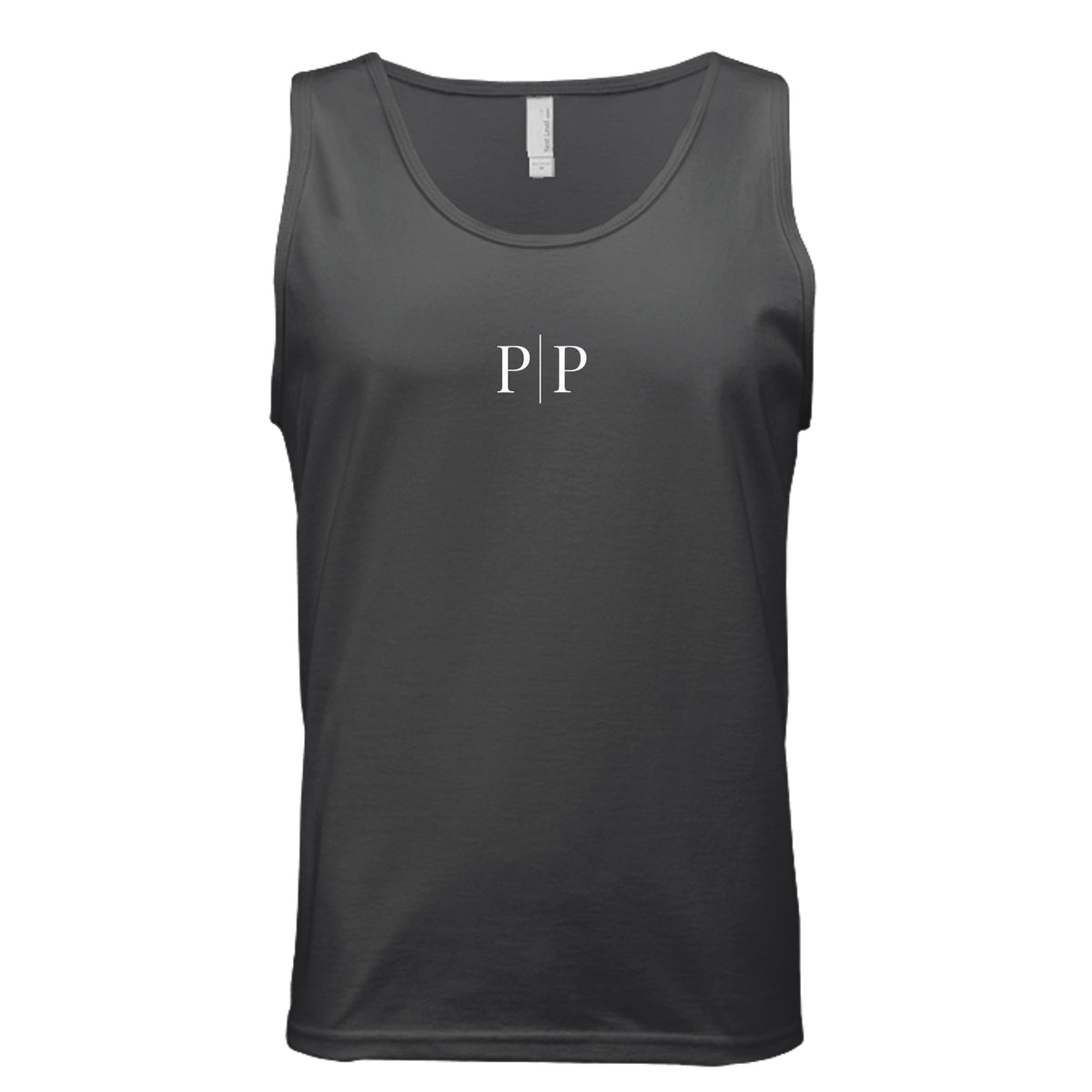 Pride and Presence minimalist P|P logo tank top design featuring white serif letters separated by a vertical line on a heavy metal background.