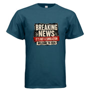 Distressed graphic t-shirt design reading “Breaking News It’s Not a Simulation Welcome to 2026” in bold cream, black, and red newspaper-style lettering.