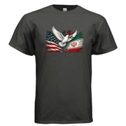 Peace dove t-shirt design featuring a white dove with olive branch between distressed USA and Iran flag-inspired artwork.