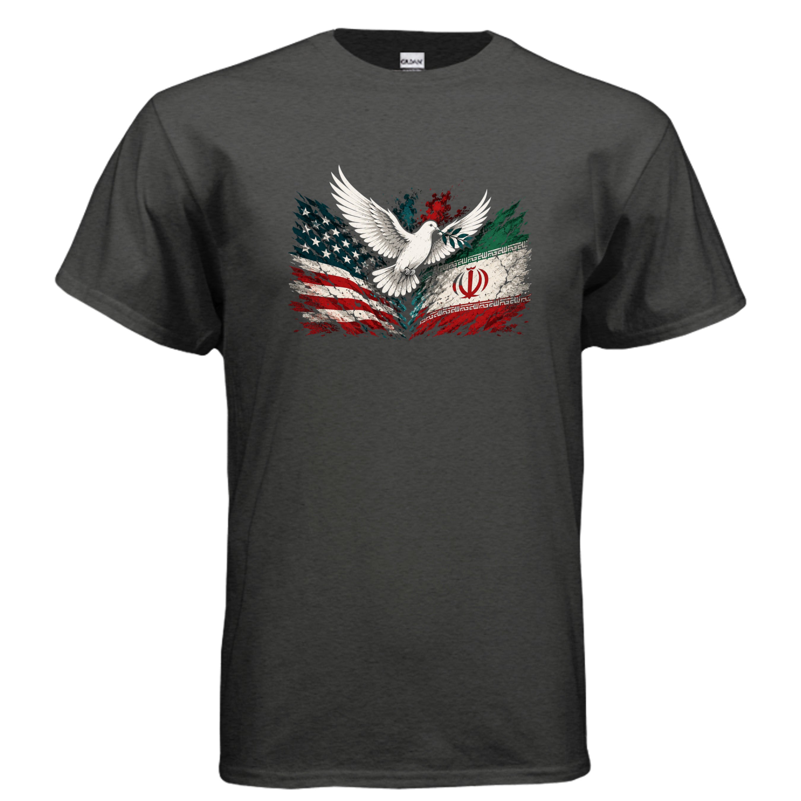 Peace dove t-shirt design featuring a white dove with olive branch between distressed USA and Iran flag-inspired artwork.