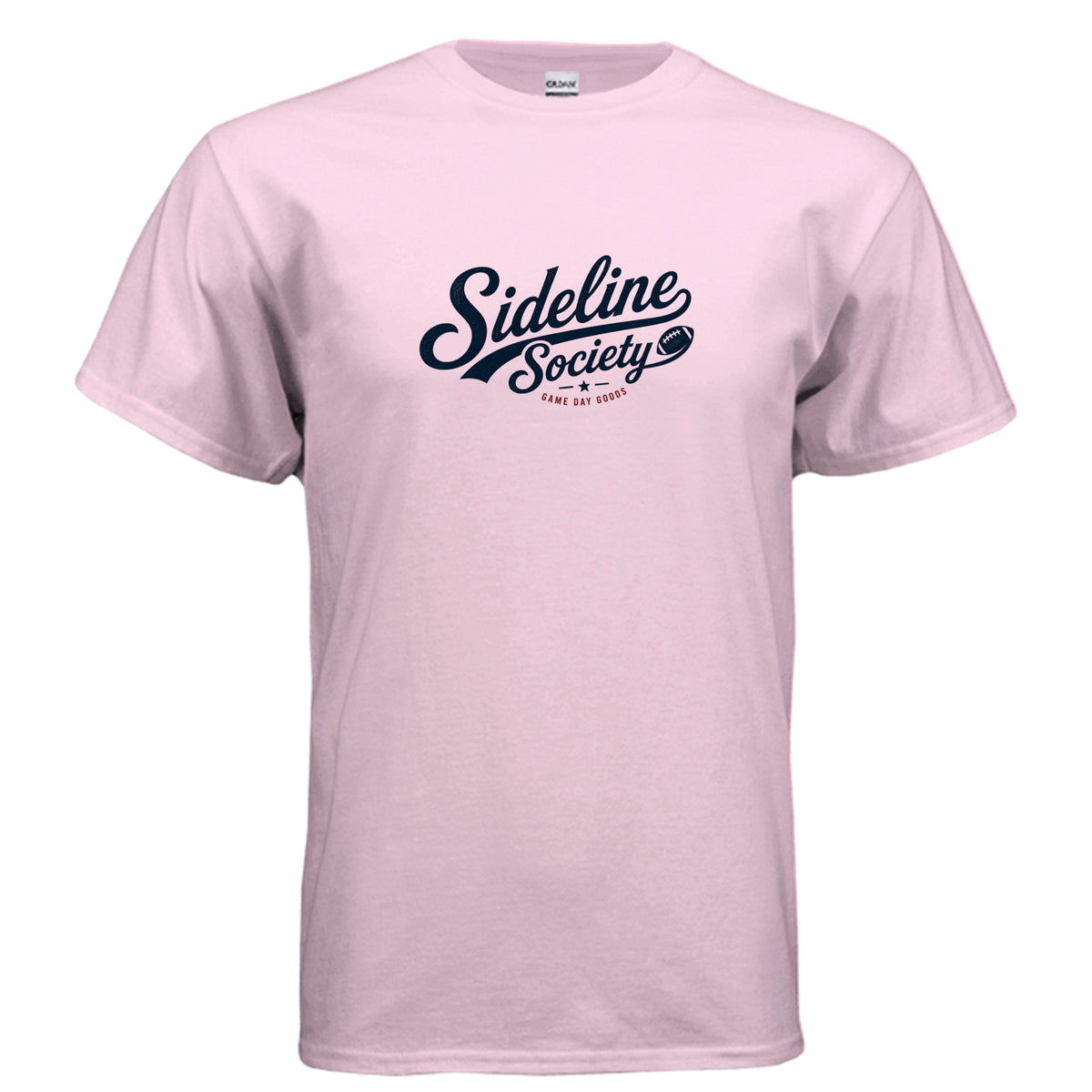 Sideline Society Game Day Goods football t-shirt design with vintage script lettering, football icon, star detail, and red accent text.