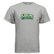 Retro Sideline Society sports fan t-shirt graphic with cream lettering, green banner, foam finger, megaphone, and vintage athletic style.