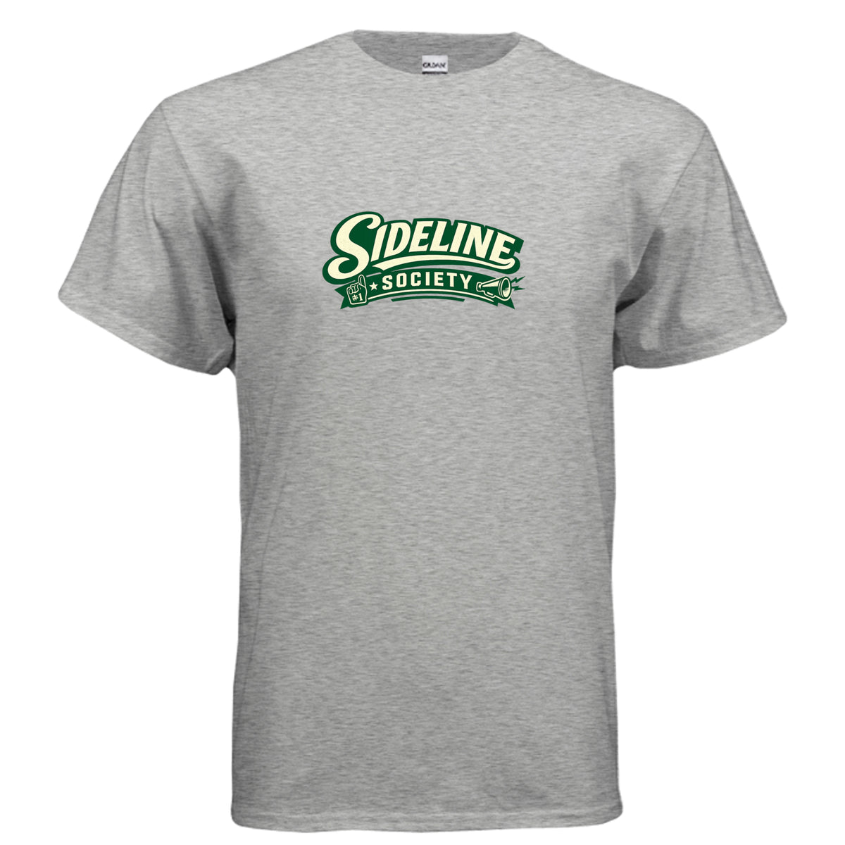 Retro Sideline Society sports fan t-shirt graphic with cream lettering, green banner, foam finger, megaphone, and vintage athletic style.