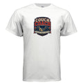 Vintage chalkboard-style Couch Coach t-shirt design with varsity lettering, football play diagrams, red couch, whistle, and remote control.