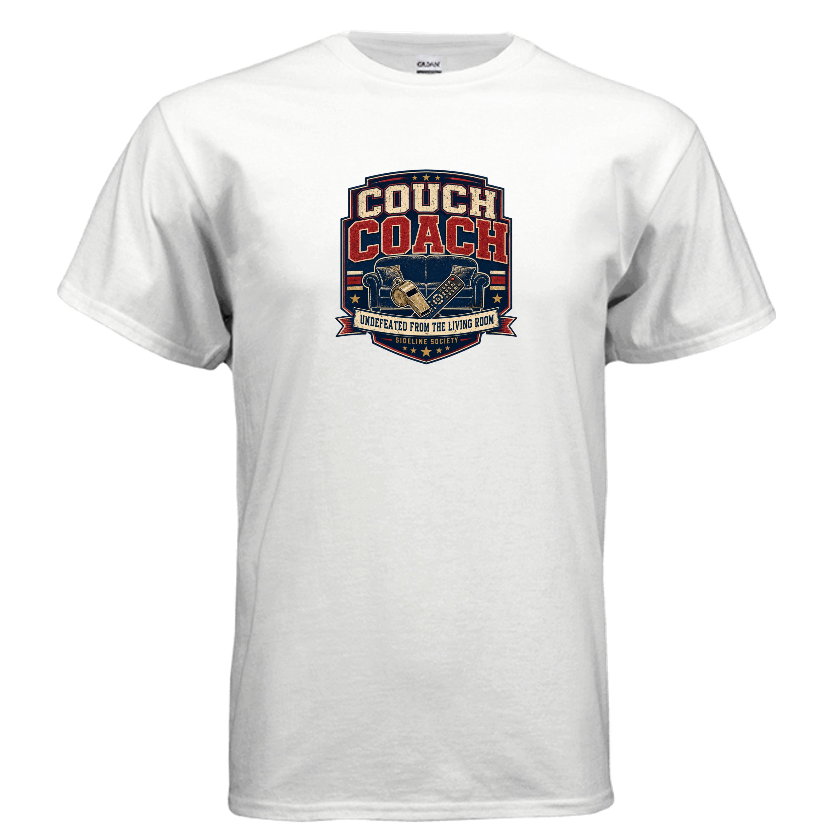 Vintage chalkboard-style Couch Coach t-shirt design with varsity lettering, football play diagrams, red couch, whistle, and remote control.