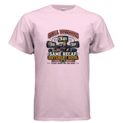 Vintage-style funny sports t-shirt design reading “Still Watching Same Recap Different Hour Every Hour On The Hour,” featuring a couch sports fan, retro TVs, replay arrows, snacks, and generic sports highlight graphics.