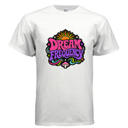 Dream Frequency psychedelic logo t-shirt design with groovy retro lettering, cosmic waves, sunburst, stars, and mushroom artwork.