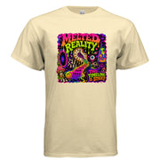 Psychedelic graphic t-shirt design reading Melted Reality and This Timeline Is Sticky with melting clocks, neon mushrooms, cosmic portals, lava lamp art, and warped timeline imagery.