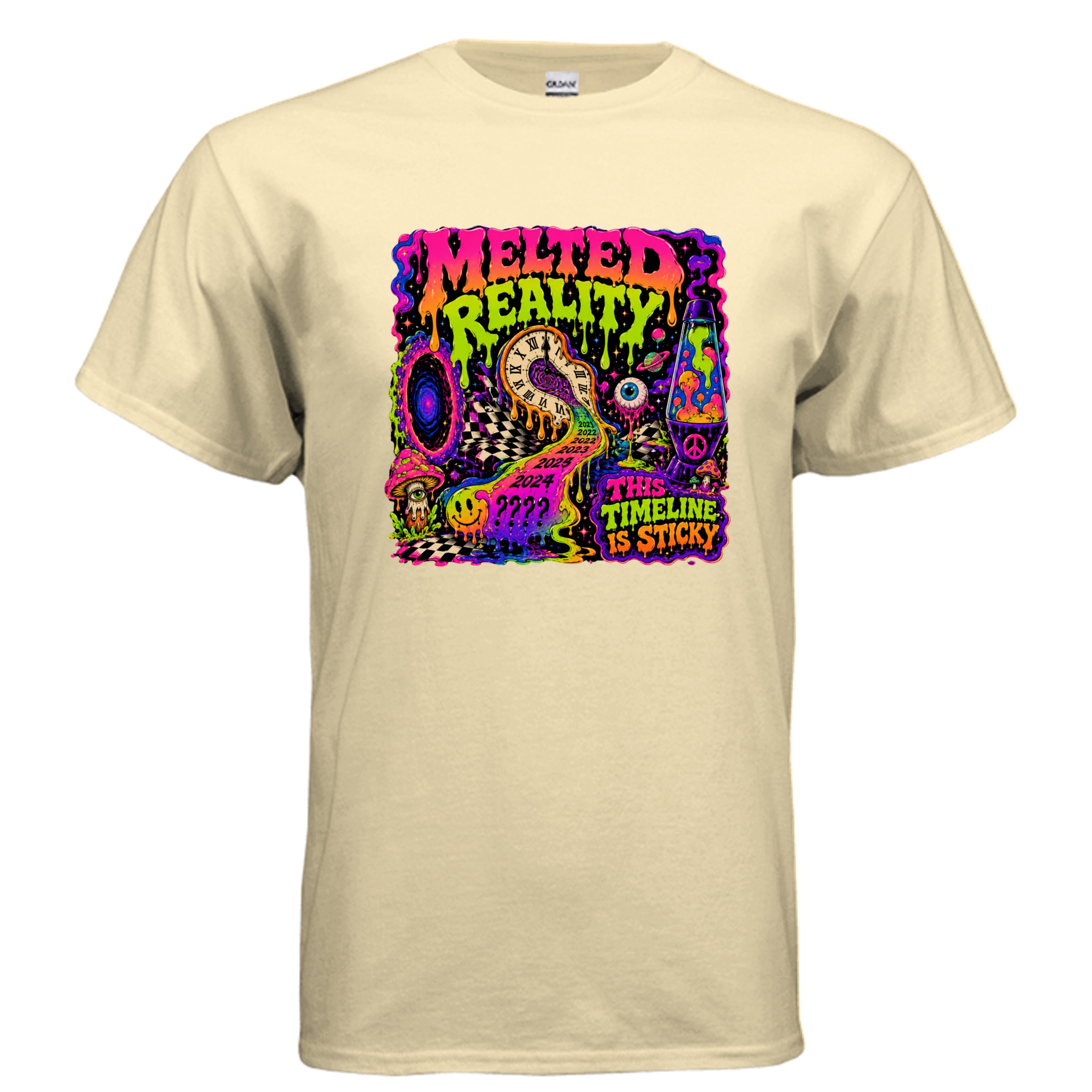 Psychedelic graphic t-shirt design reading Melted Reality and This Timeline Is Sticky with melting clocks, neon mushrooms, cosmic portals, lava lamp art, and warped timeline imagery.