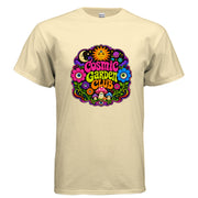 Cosmic Garden Club psychedelic graphic t-shirt design featuring colorful mushrooms, eyeball flowers, vines, stars, planets, moon, sun, and retro groovy lettering.