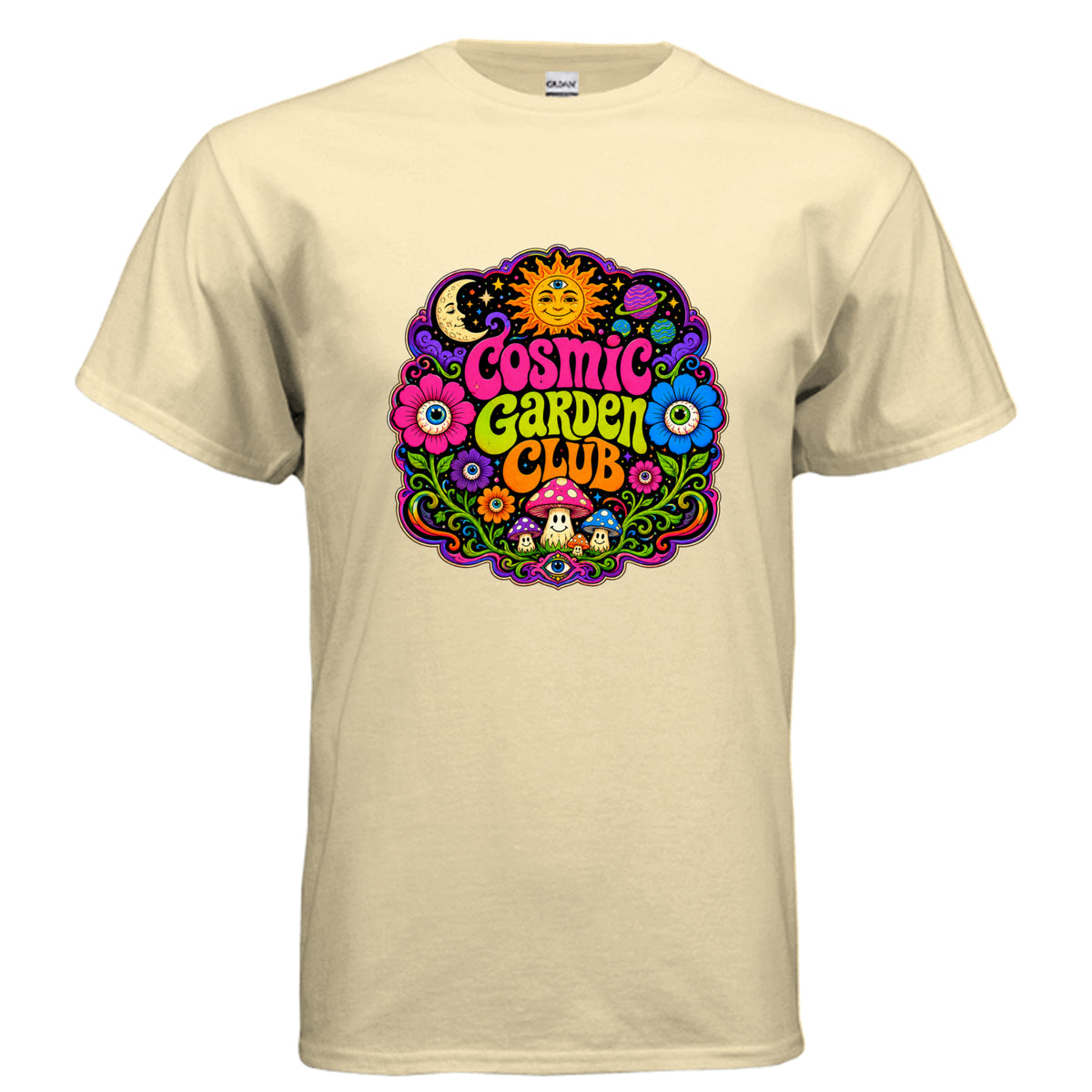 Cosmic Garden Club psychedelic graphic t-shirt design featuring colorful mushrooms, eyeball flowers, vines, stars, planets, moon, sun, and retro groovy lettering.