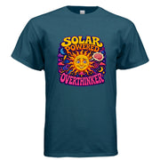 Solar Powered Overthinker psychedelic t-shirt design featuring a smiling anxious sun, retro lettering, cosmic swirls, stars, moons, and a brain thought cloud.