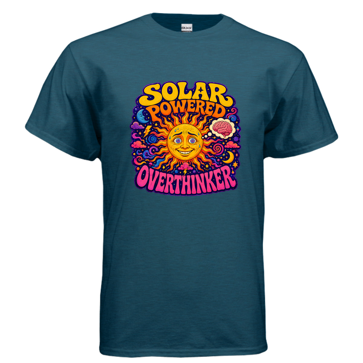 Solar Powered Overthinker psychedelic t-shirt design featuring a smiling anxious sun, retro lettering, cosmic swirls, stars, moons, and a brain thought cloud.