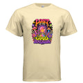 Psychedelic Lost In The Good Dimension graphic t-shirt design with colorful portal, mushrooms, planets, stars, flowers, and retro lettering.