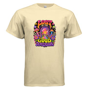 Psychedelic Lost In The Good Dimension graphic t-shirt design with colorful portal, mushrooms, planets, stars, flowers, and retro lettering.