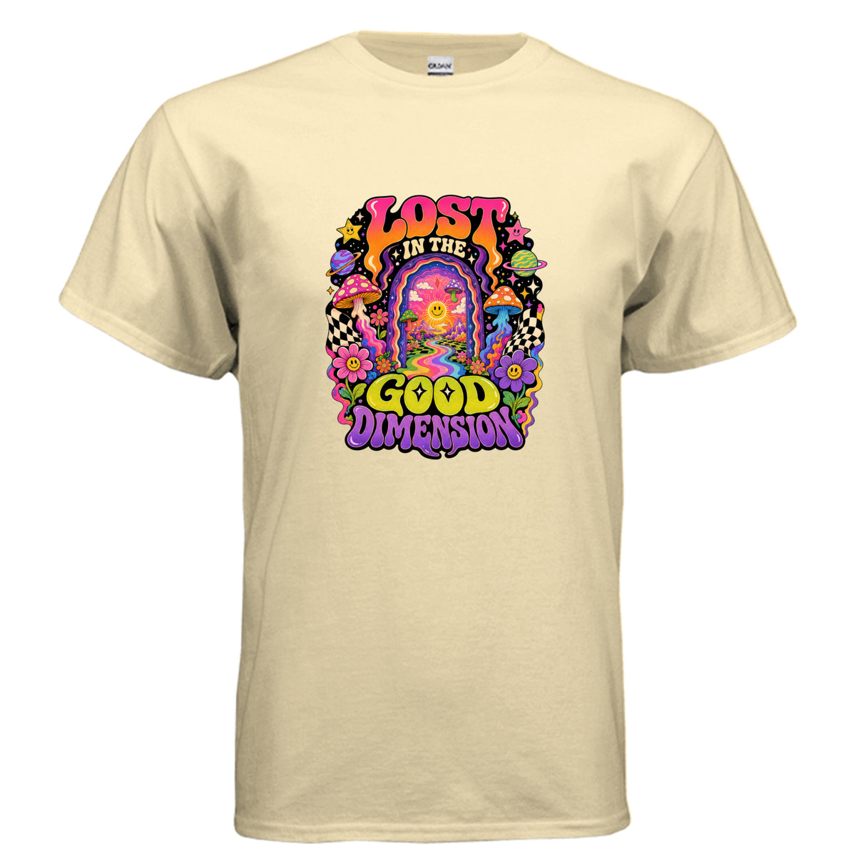 Psychedelic Lost In The Good Dimension graphic t-shirt design with colorful portal, mushrooms, planets, stars, flowers, and retro lettering.