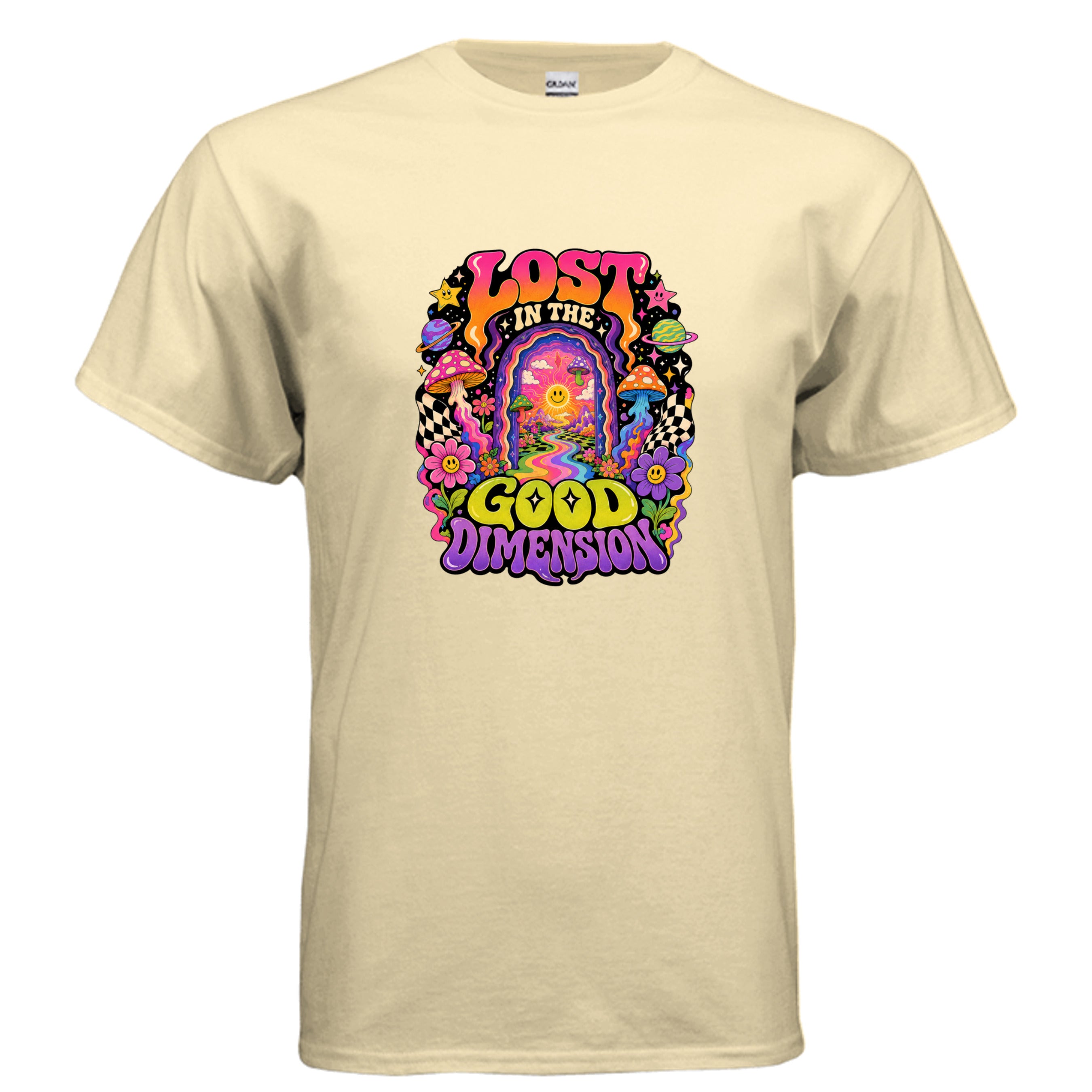 Psychedelic Lost In The Good Dimension graphic t-shirt design with colorful portal, mushrooms, planets, stars, flowers, and retro lettering.