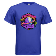 Emotionally Orbiting psychedelic moon t-shirt design with colorful cosmic rings, stars, planets, and retro lettering.