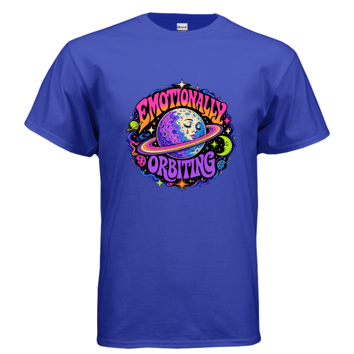 Emotionally Orbiting psychedelic moon t-shirt design with colorful cosmic rings, stars, planets, and retro lettering.