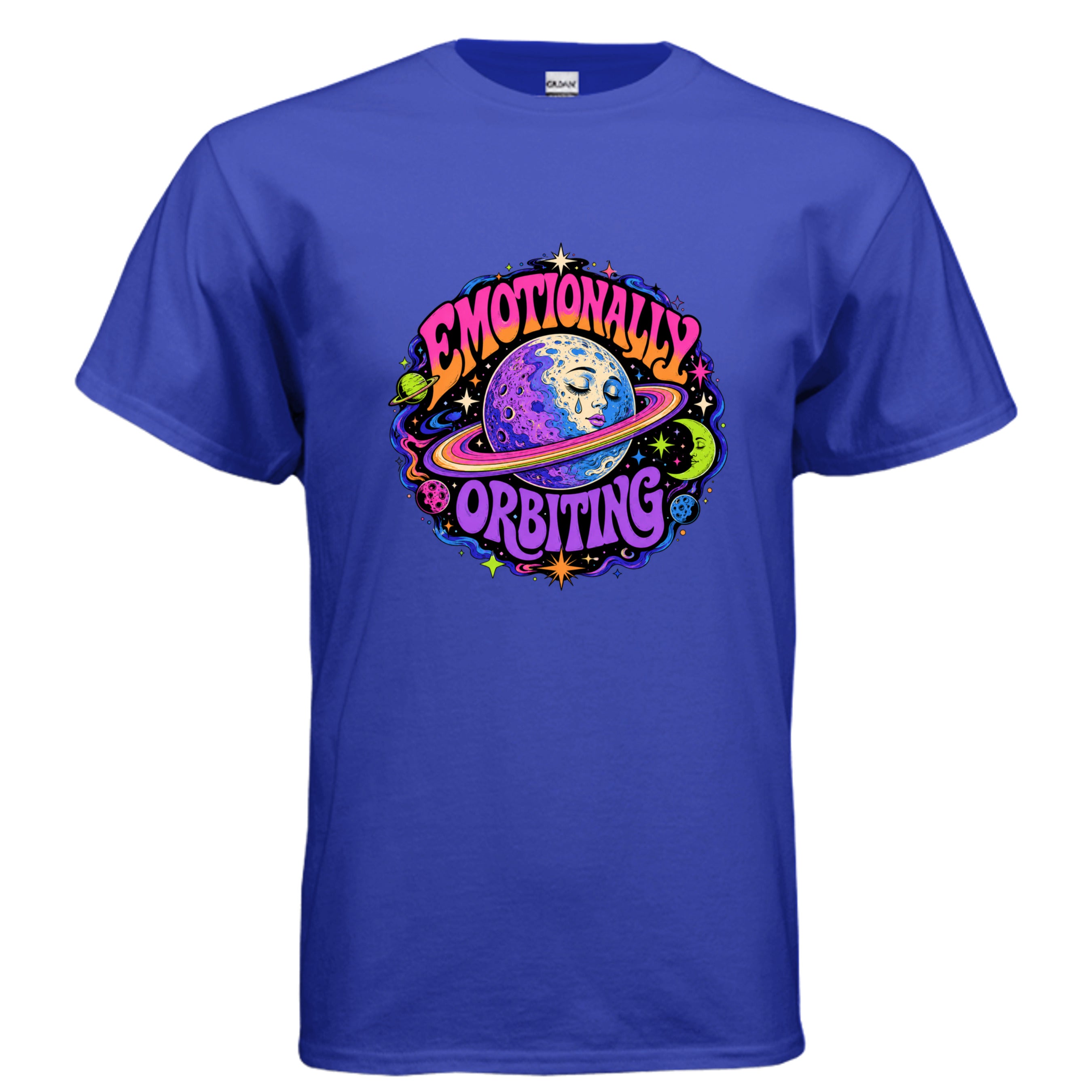 Emotionally Orbiting psychedelic moon t-shirt design with colorful cosmic rings, stars, planets, and retro lettering.