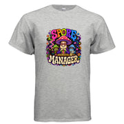 Spore Manager psychedelic mushroom t-shirt graphic with colorful trippy lettering, fungi boss character, cosmic spores, stars, and retro blacklight art style.