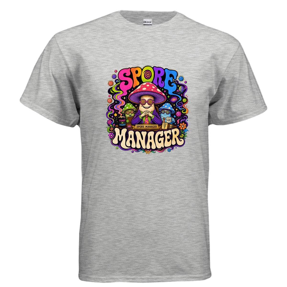 Spore Manager psychedelic mushroom t-shirt graphic with colorful trippy lettering, fungi boss character, cosmic spores, stars, and retro blacklight art style.