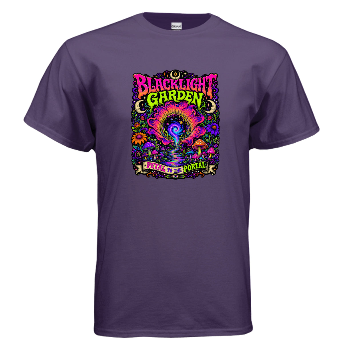 Blacklight Garden Petal To The Portal psychedelic t-shirt design with neon flowers, mushrooms, moons, stars, vines, and a glowing cosmic portal.