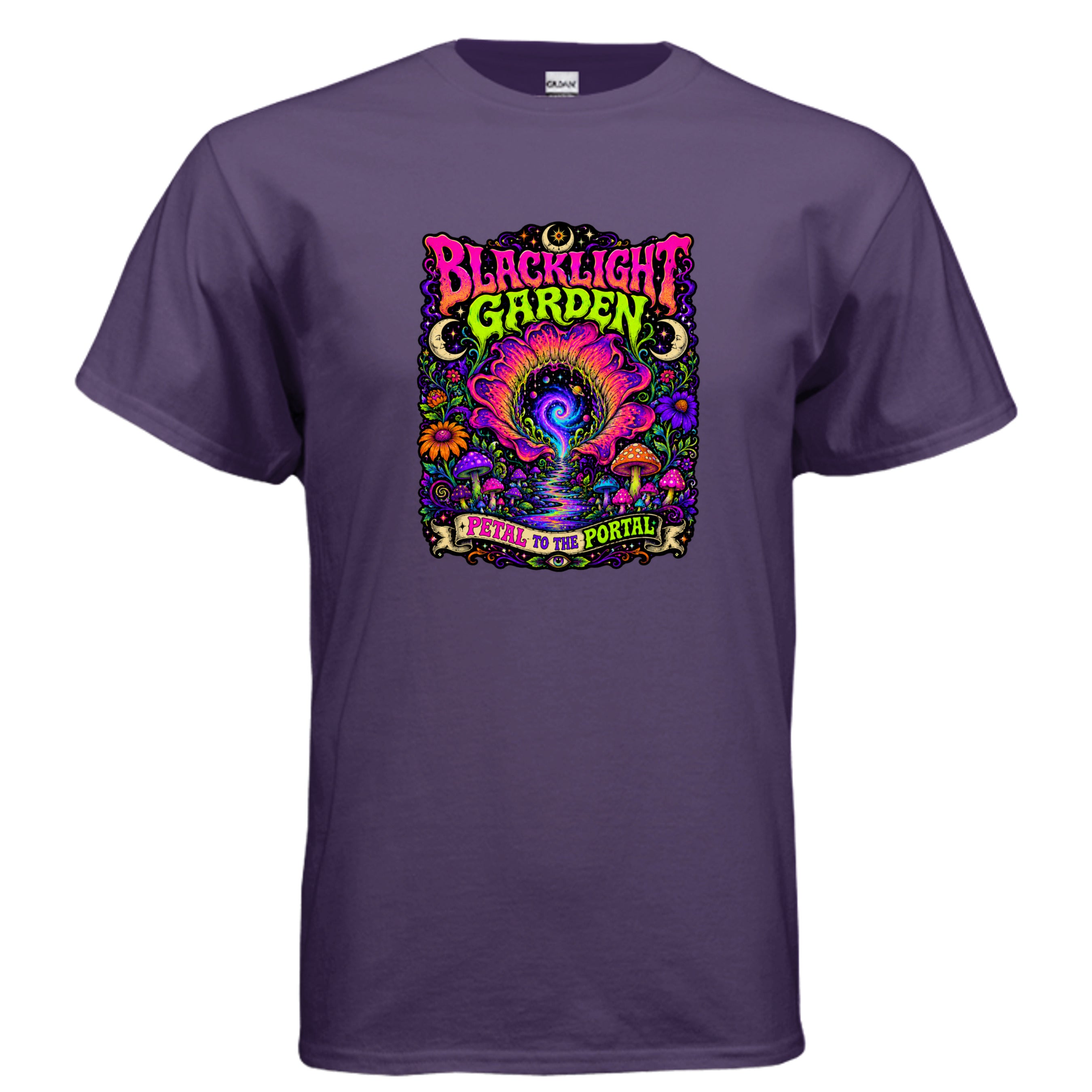 Blacklight Garden Petal To The Portal psychedelic t-shirt design with neon flowers, mushrooms, moons, stars, vines, and a glowing cosmic portal.