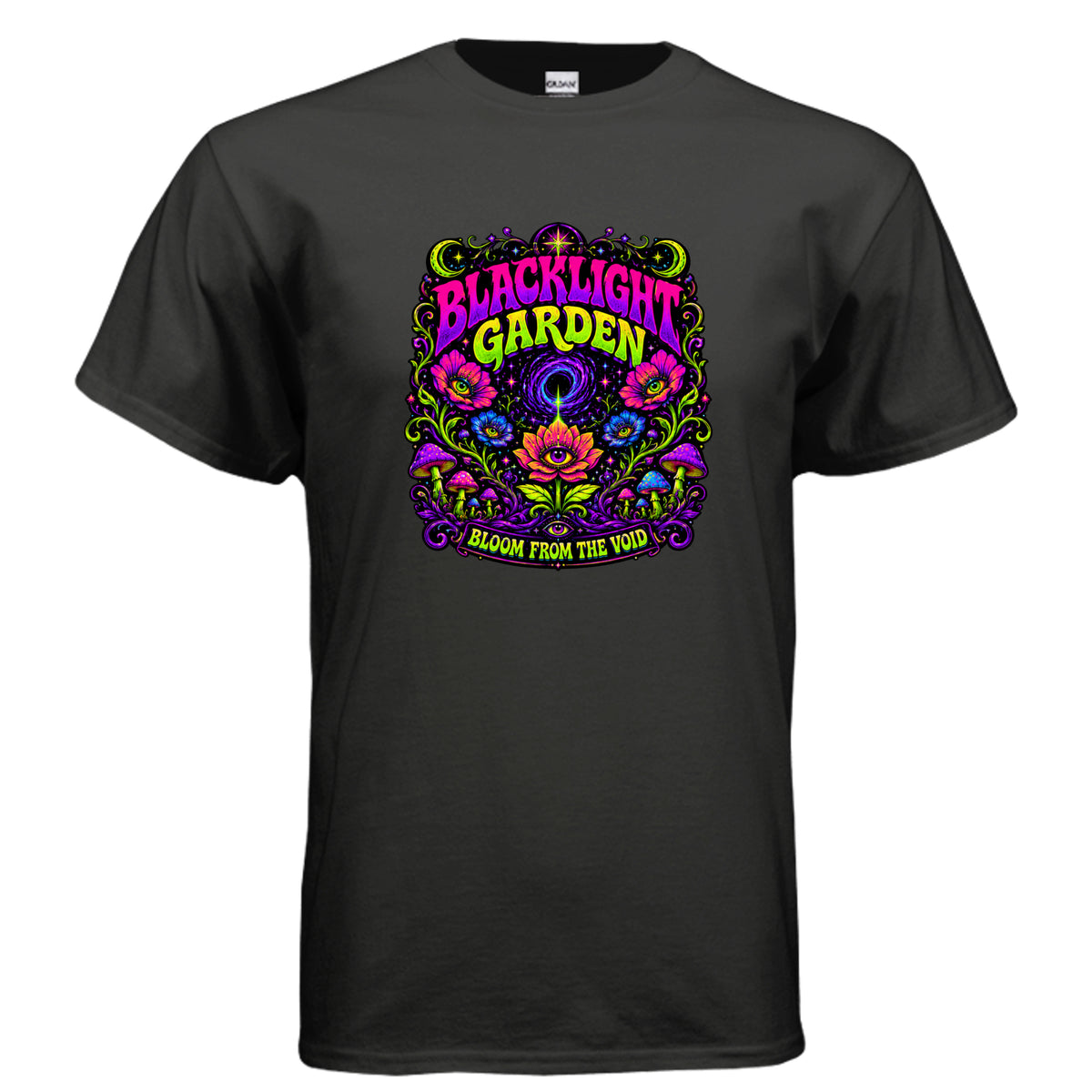 Blacklight Garden Bloom From The Void psychedelic graphic t-shirt design with neon flowers, mushrooms, cosmic stars, and retro blacklight poster typography.