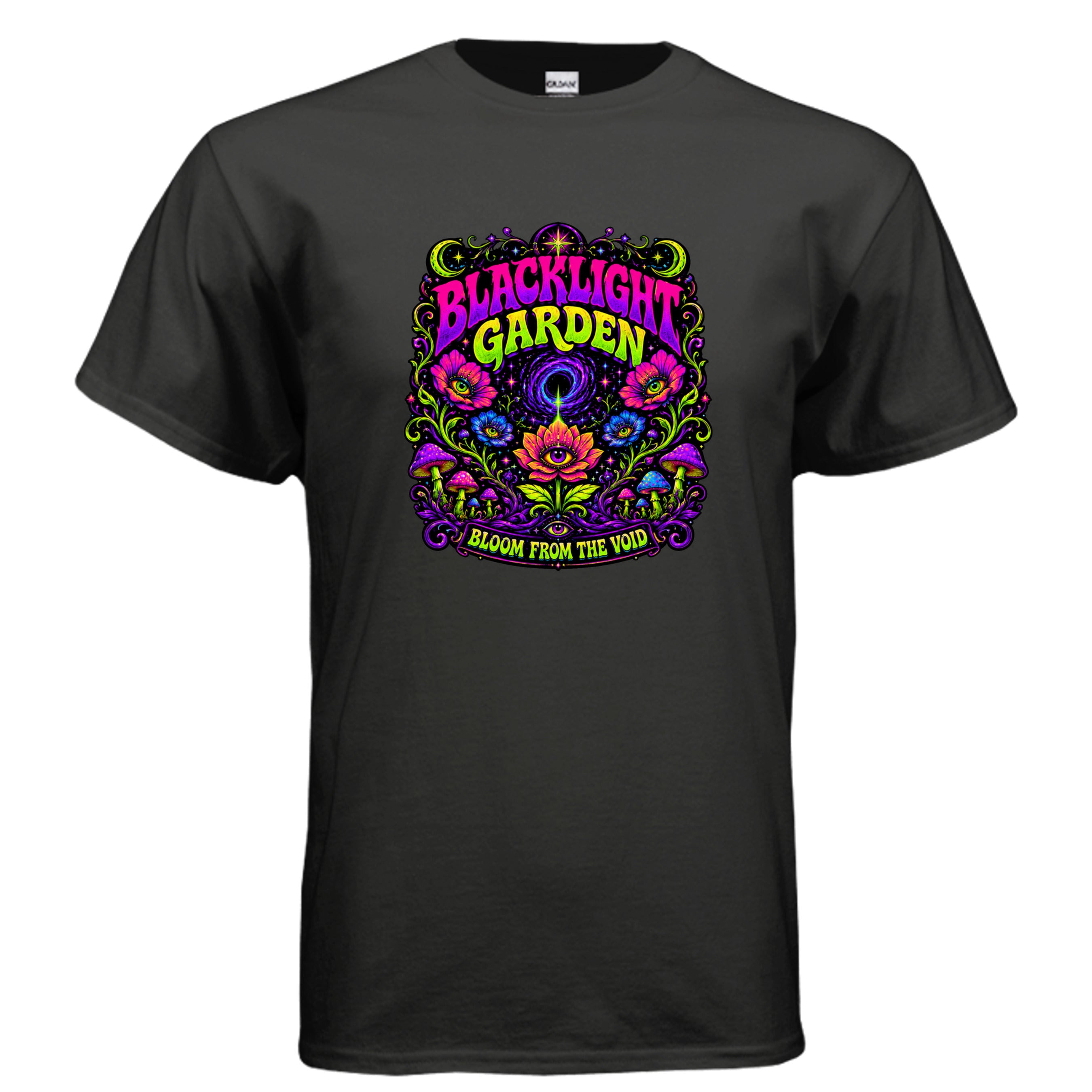 Blacklight Garden Bloom From The Void psychedelic graphic t-shirt design with neon flowers, mushrooms, cosmic stars, and retro blacklight poster typography.