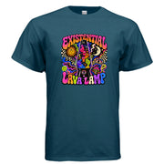 Existential Lava Lamp psychedelic graphic t-shirt design featuring a colorful retro lava lamp with cosmic blobs, faces, planets, stars, moons, eyes, and bold trippy lettering.