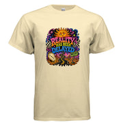 Reality Has Been Delayed psychedelic t-shirt graphic with melting sun, warped desert road, cosmic swirls, melting clock, and bold retro lettering.