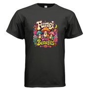 Fungi With Benefits psychedelic mushroom graphic t-shirt design with retro groovy lettering, colorful smiling mushrooms, stars, flowers, and cosmic details.